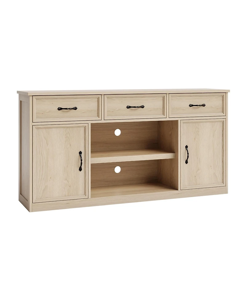 Tv Stand for Tvs Up to 65 in, Farmhouse TV Console with 3 Drawers, 2-Door Cabinets, Adjustable Shelves and Open Storage, Natural