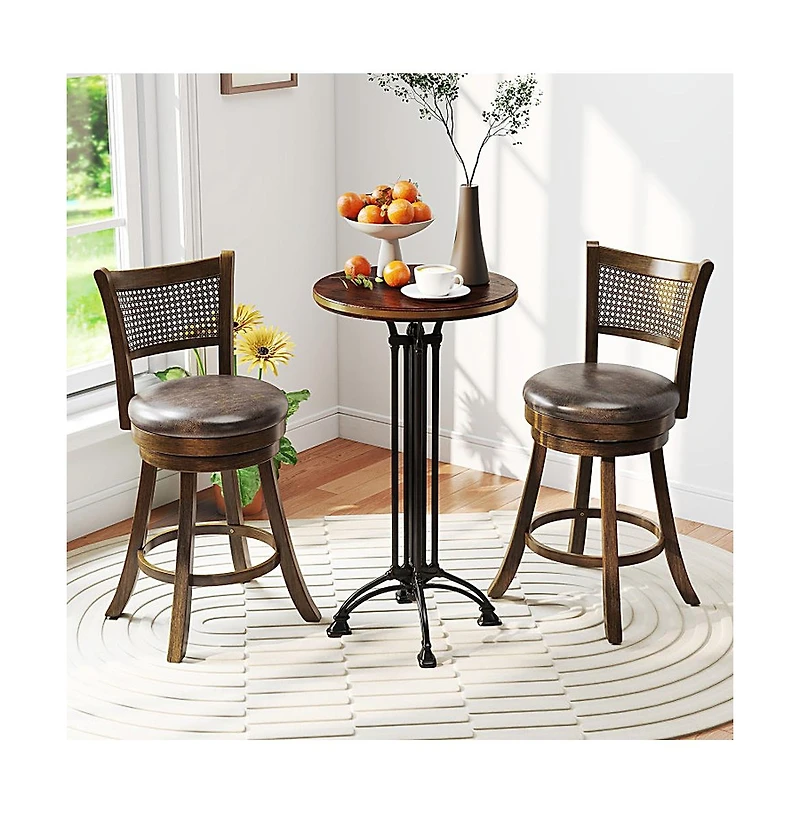 Sugift Set of 2 25 Inch Swivel Bar Stools with Leathaire Upholstery and Rattan Backrest