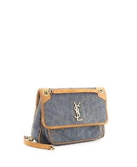 Pre-Owned Saint Laurent Medium Niki Chain Flap Bag Matelasse Chevron Denim with Suede