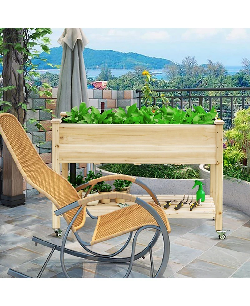 Sugift Wood Elevated Planter Bed with Lockable Wheels Shelf and Liner