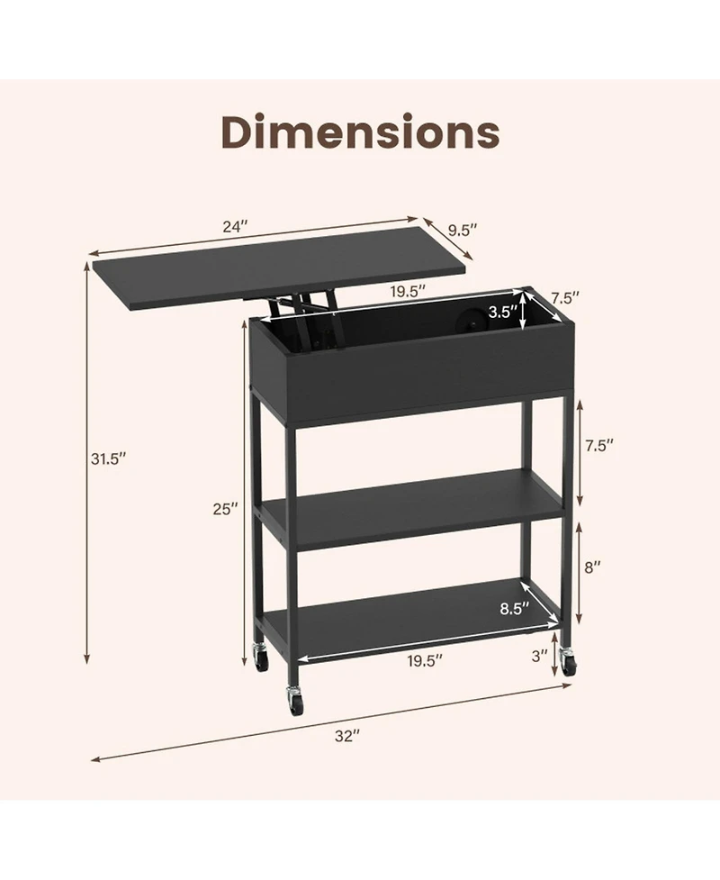 Sugift Lift Top End Table with Charging Station Hidden Compartment and Universal Wheels
