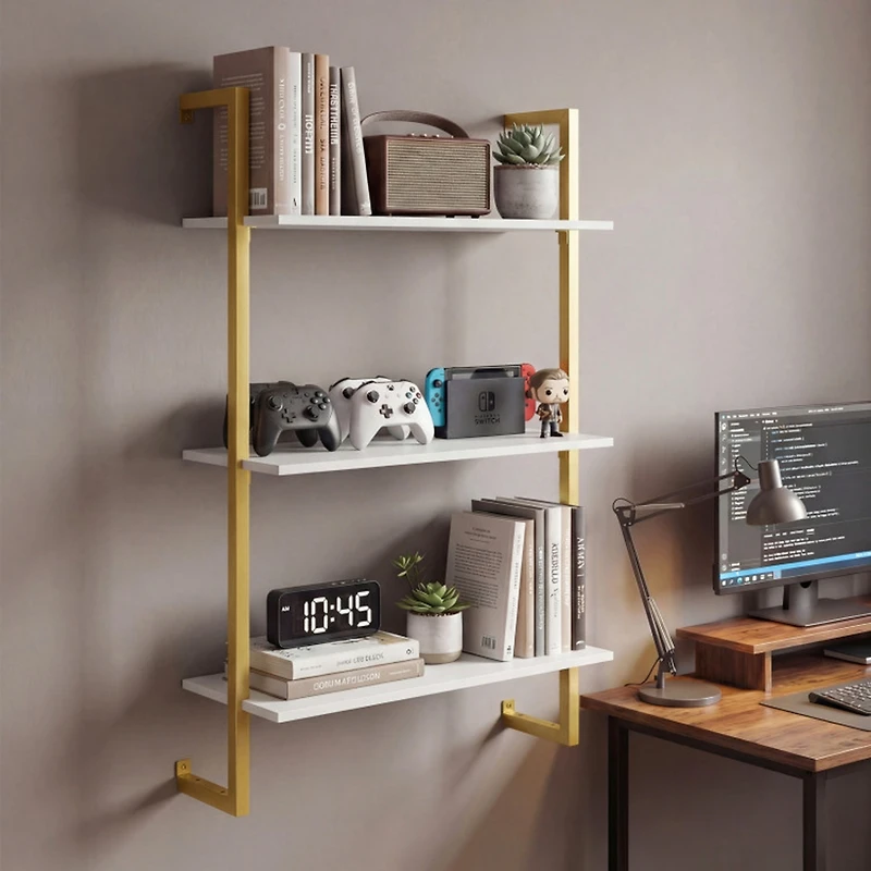 Sugift 3-Tier Floating Wall Shelf with Metal Frame for Kitchen Bathroom and Home Office