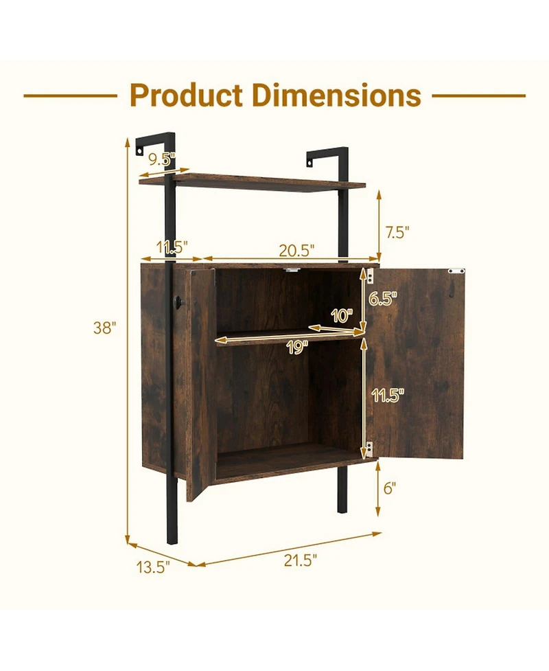 Sugift Wall Mount Bookshelf with 2-Door Storage Cabinet and 2-Tier Open Shelving