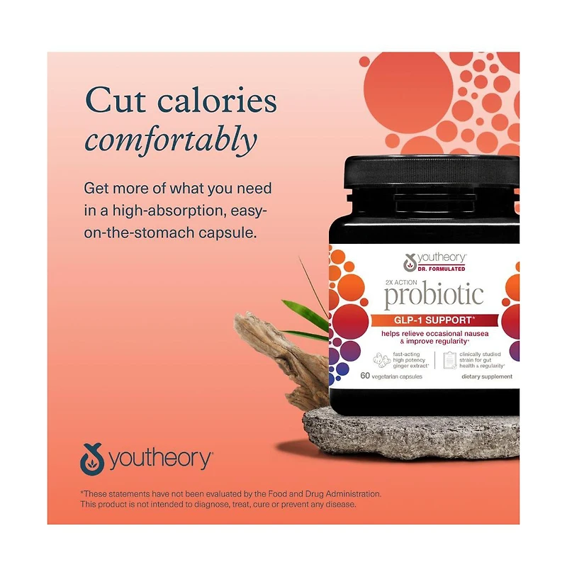 Youtheory 2X Action Probiotic Glp 1 Gut and Digestive Health Support Clinically Studied Gluten and Soy Free 60 Vegetarian Capsules