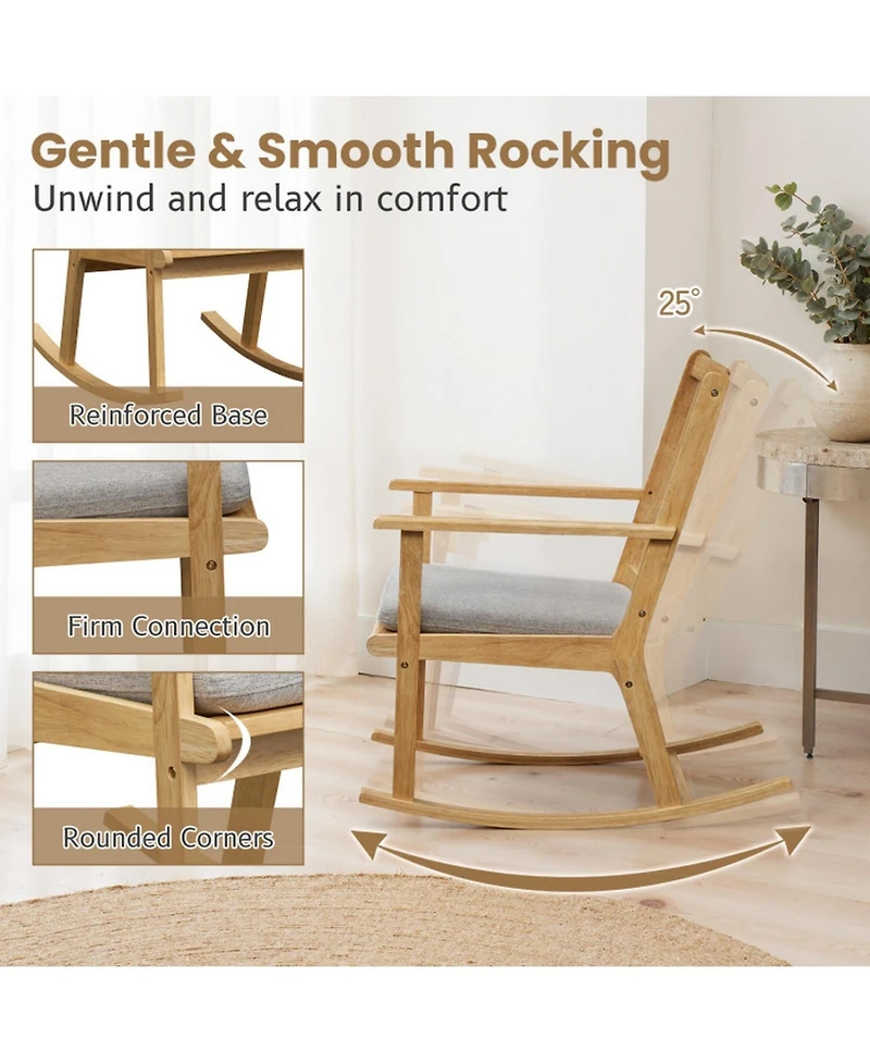 Sugift Solid Rubber Wood Rocking Chair with Removable Padded Seat Cushion