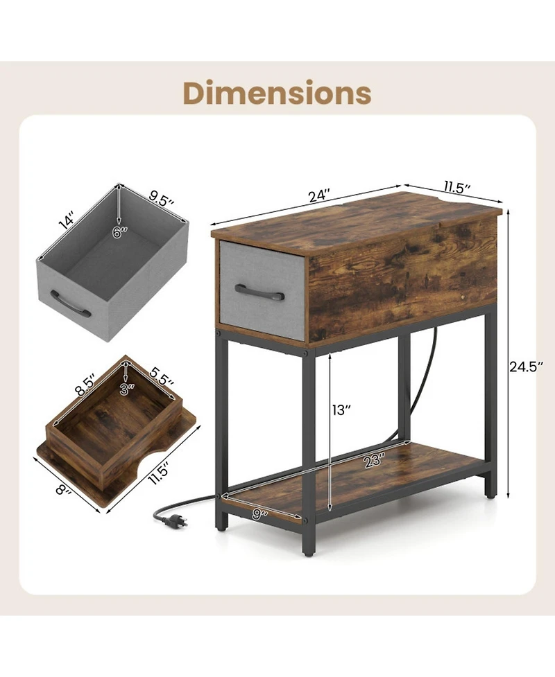 Sugift Industrial Narrow Side Table with Charging Station Led Lights and Fabric Drawer