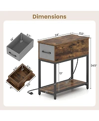 Sugift Industrial Narrow Side Table with Charging Station Led Lights and Fabric Drawer