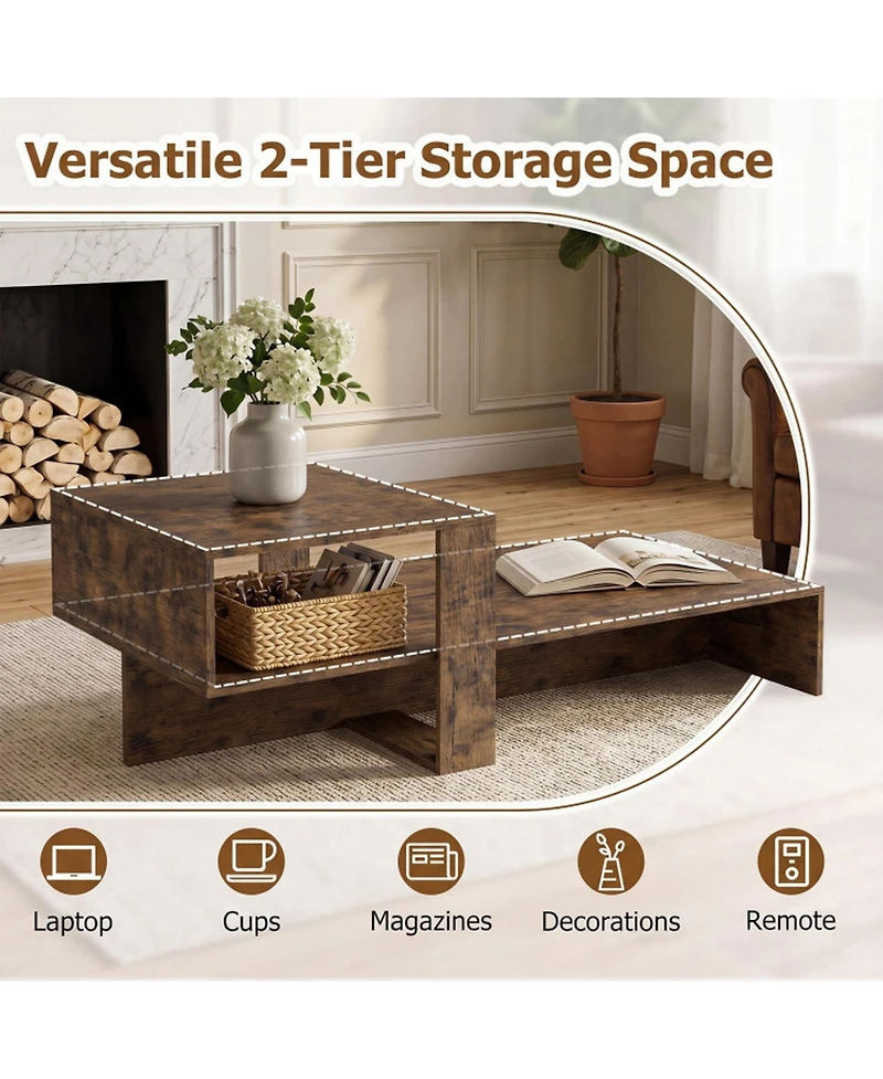 Sugift 2-Tier Modern Coffee Table with Irregular Silhouette and Open Storage Shelf