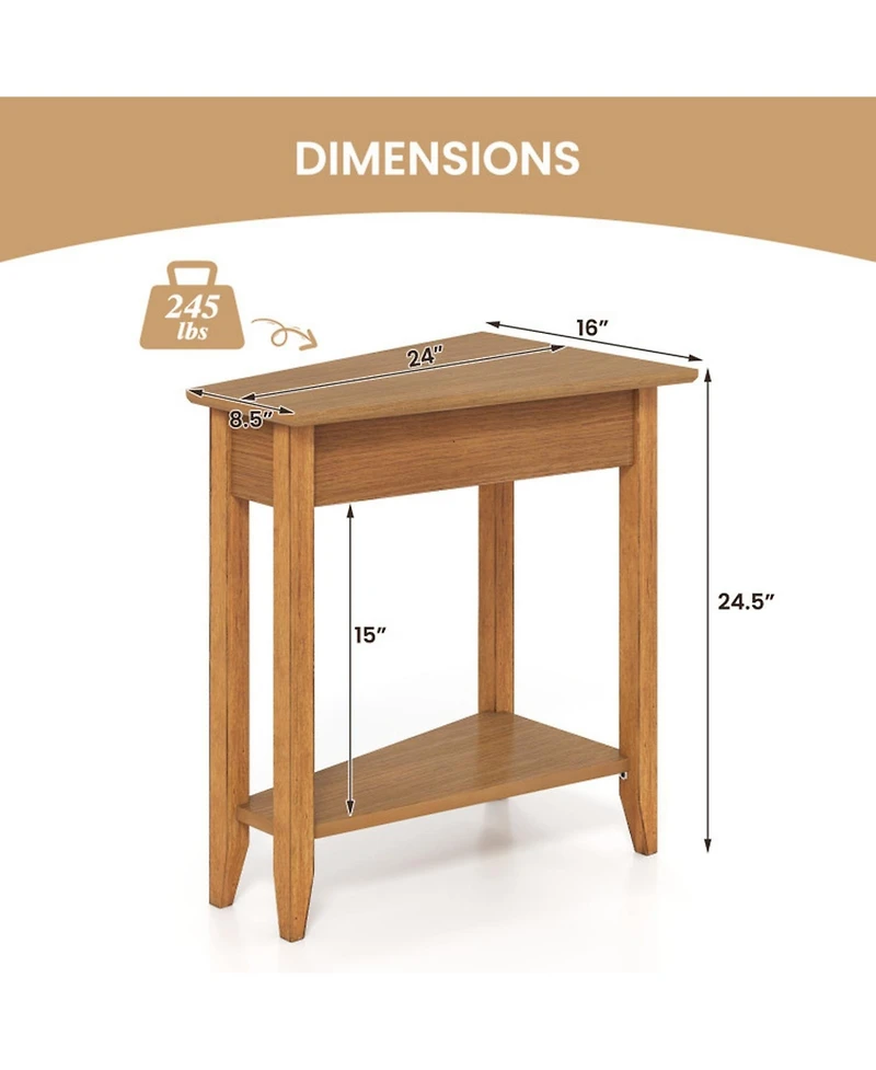 Sugift 2-Tier Wedge Narrow End Table with Storage Shelf and Solid Wood Legs