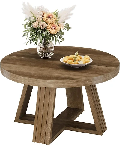 Tribesigns Round Coffee Table, 31.5 Inch Farmhouse Center Table with Solid Tabletop and Thickened Cross-Shaped Wood Frame