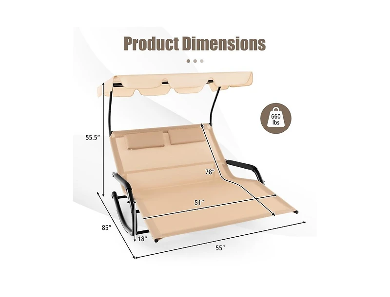 Boyel Living Outdoor 2 Persons Rocking Chaise Lounge with Canopy and Wheels