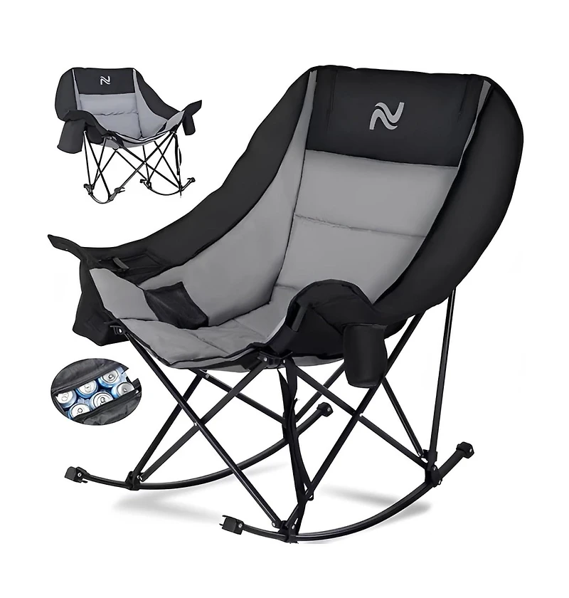 Aboron Oversized Rocking Camping Chair, Folding Chair,Fully Padded Patio Chair with Cooler BagandSide Pocket,Portable Outdoor Recliner