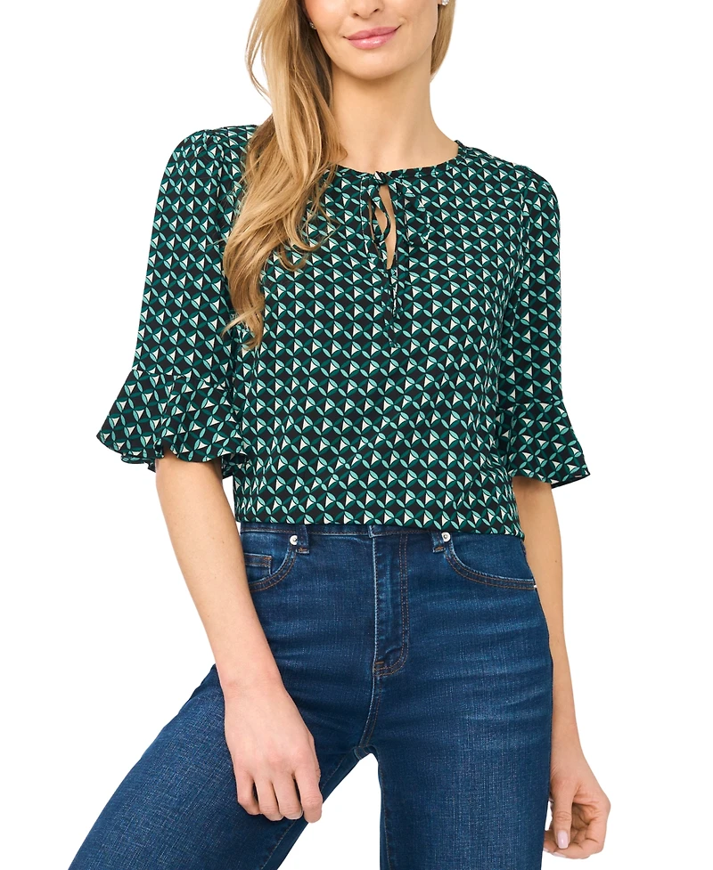 CeCe Women's Split-Tie-Neck 3/4-Sleeve Ruffle-Cuff Blouse