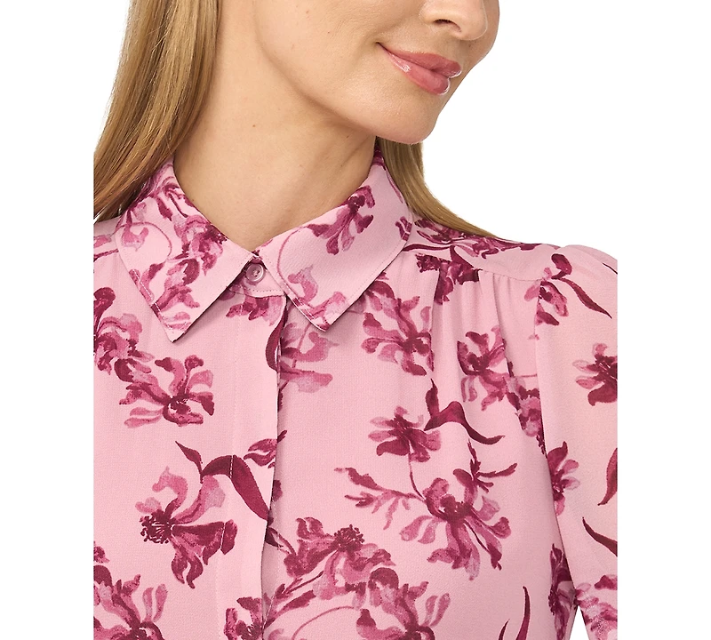 CeCe Women's Long-Sleeve Double-Ruffle Cuff Button-Down Floral-Print Blouse