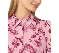 CeCe Women's Long-Sleeve Double-Ruffle Cuff Button-Down Floral-Print Blouse