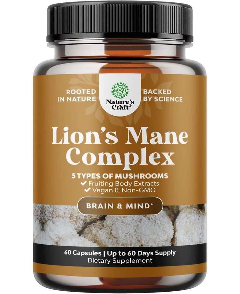 Nature's Craft Lion's Mane Complex Capsules, Brain Booster Nootropic Supplement with Chaga Maitake Shiitake and Reishi, 60 Count