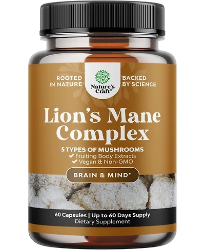 Nature's Craft Lion's Mane Complex Capsules, Brain Booster Nootropic Supplement with Chaga Maitake Shiitake and Reishi, 60 Count