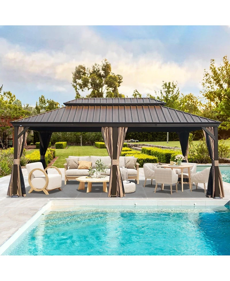 Asagikoiai 14 x 22 Feet Hardtop Gazebo, Metal Patio Gazebo Canopy with Curtains and Netting