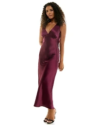 Emerald Sundae Juniors' V-Neck A-Line Satin Midi Dress
