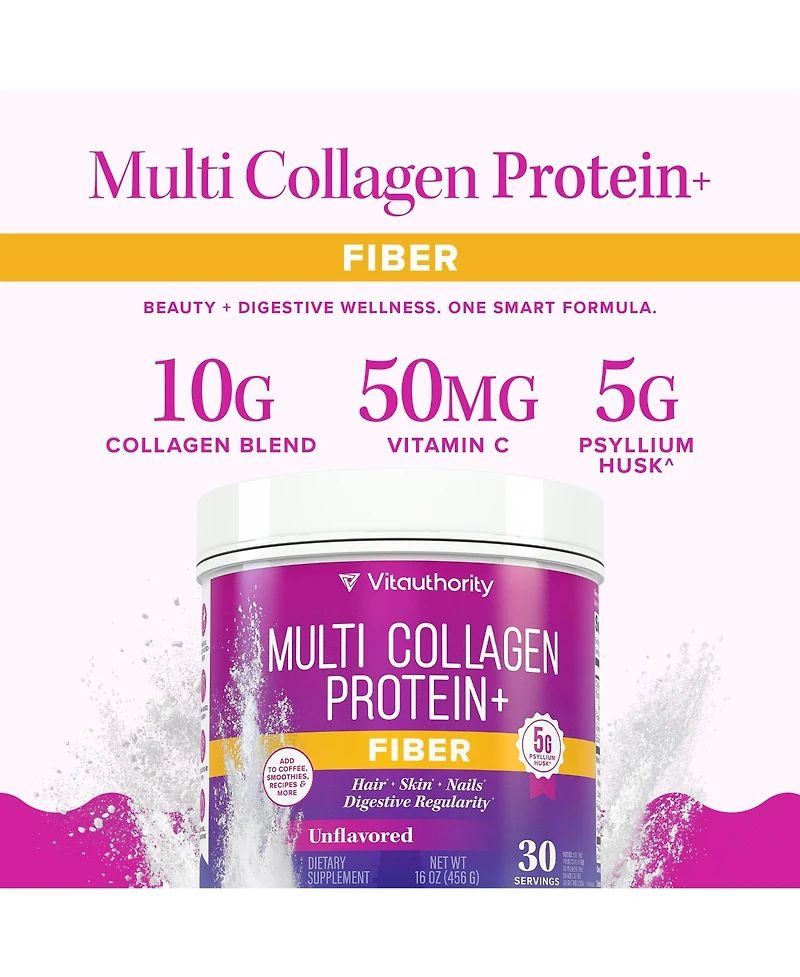 Vitauthority Multi Collagen Protein Powder Plus Fiber, Unflavored, 30 Servings