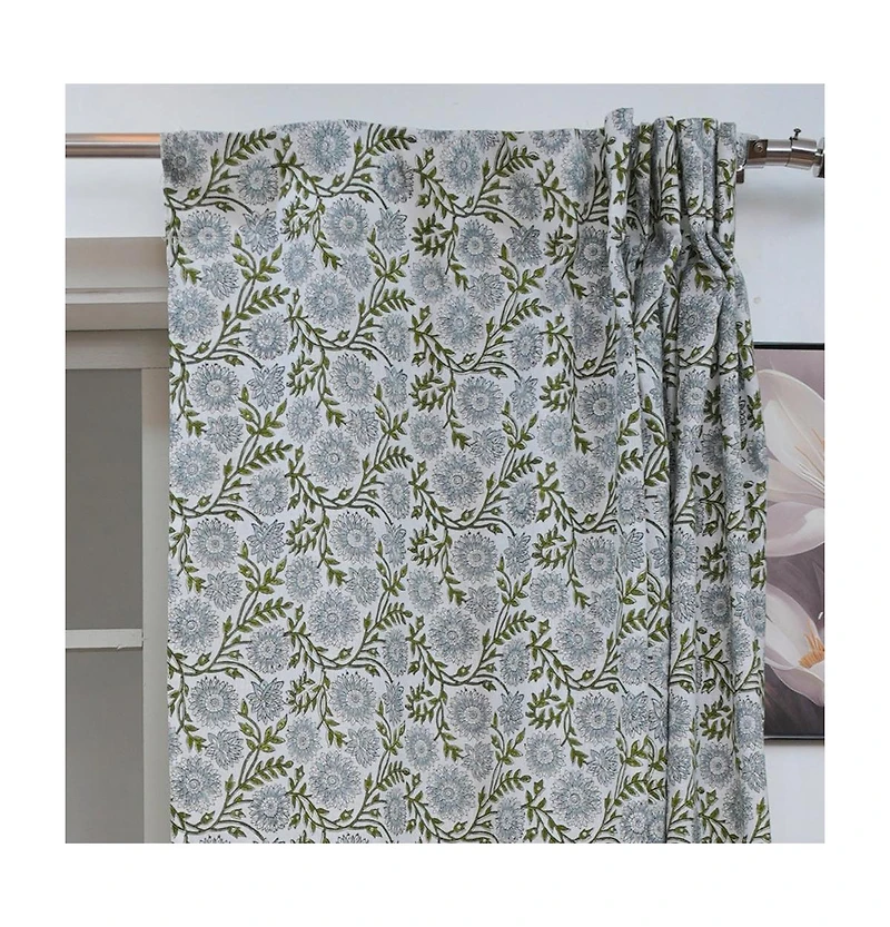Fabdivine Bohemian Floral Handmade Linen Curtain Nature Block Print Window Panel Rajat