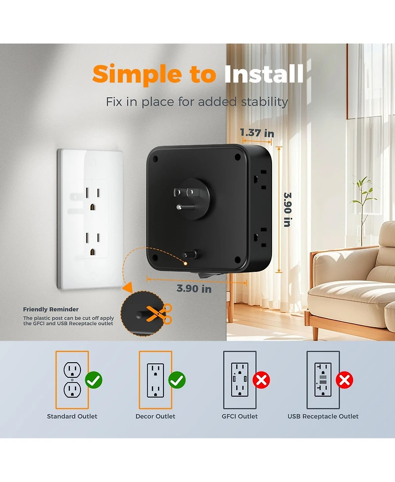 Tessan 11-in-1 Outlet Extender, 8 Ac Outlets + 3 Usb Ports, 20W Usb-c, 900J Surge Protection for Home and Office