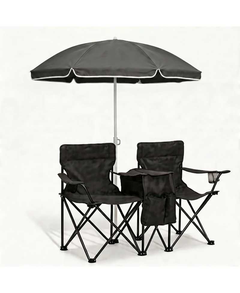 ECHTPeak Outdoor Camping 2-Seat Folding Camp Chair, with Umbrella and Cup Holders, Foldable Beach Chair Set, for Patio, Camping, Backyard