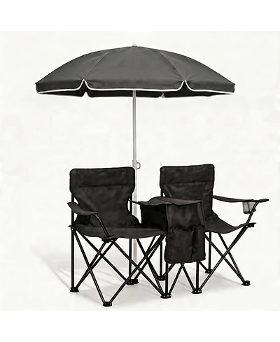 ECHTPeak Outdoor Camping 2-Seat Folding Camp Chair, with Umbrella and Cup Holders, Foldable Beach Chair Set, for Patio, Camping, Backyard