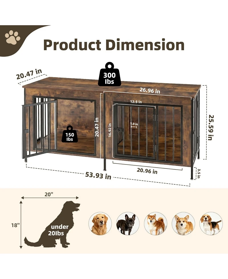 Zeny Double Dog Crate Furniture with Divider, Heavy Duty Pet Kennel End Table Tv Stand