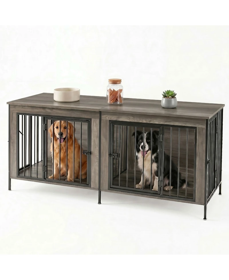 Zeny Double Dog Crate Furniture with Divider, Heavy Duty Pet Kennel End Table Tv Stand