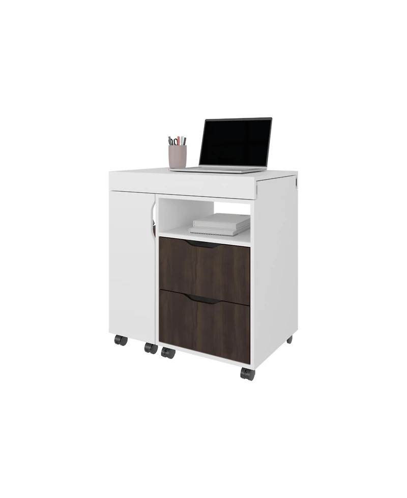 Fm Furniture Loris Extendable Desk with Two Drawers, Open Shelves, and Sliding Mechanism