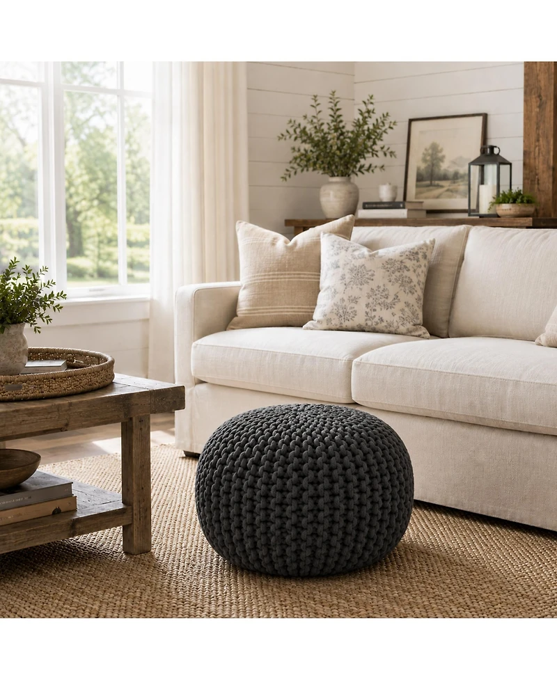 Casafield Round Pouf Ottoman, Navy Blue - 20" Dia x 14.5" High Cotton Knit Foot Stool Boho Floor Pouffe for Living Room