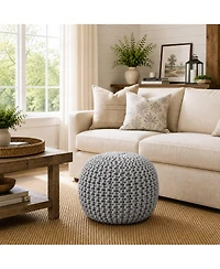 Casafield Round Pouf Ottoman, Navy Blue - 20" Dia x 14.5" High Cotton Knit Foot Stool - Boho Floor Pouffe for Living Room