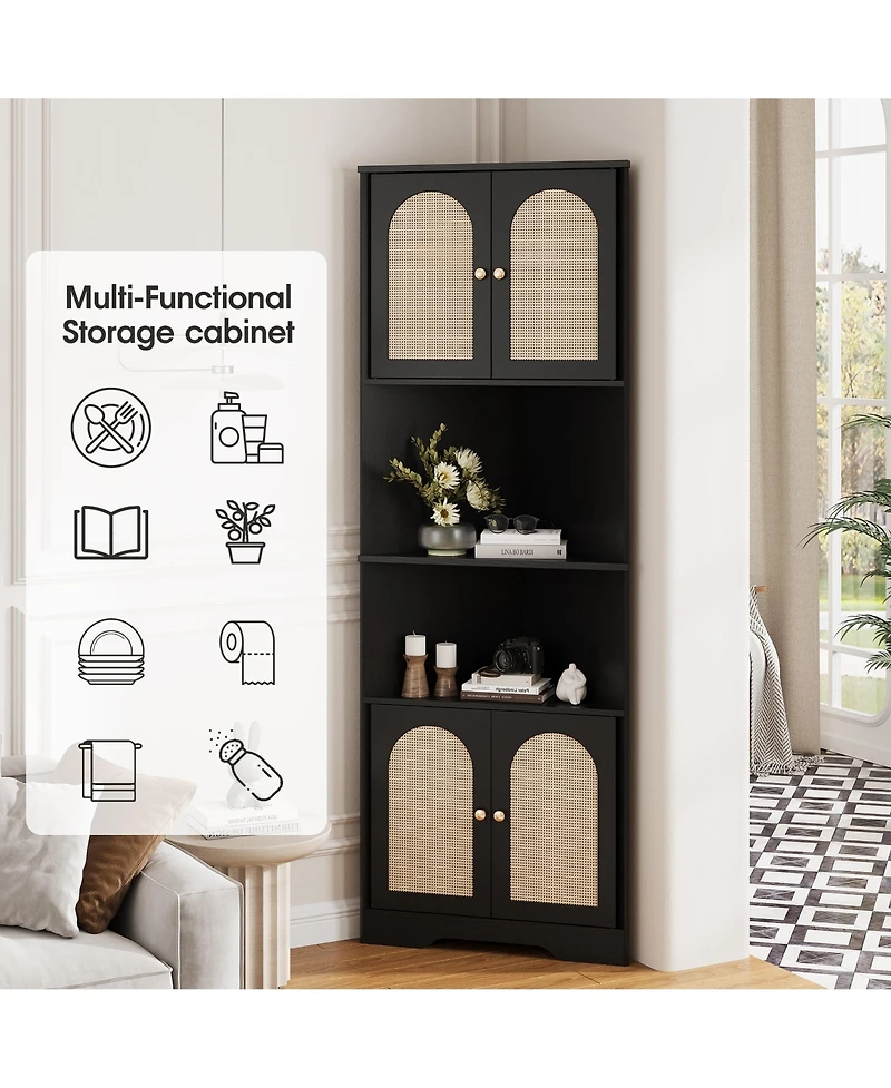 Vabches 67" H Tall Corner Cabinet, Rattan Storage Cabinet with Adjustable Shelves, Corner Bookshelf