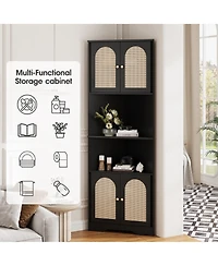 Vabches 67" H Tall Corner Cabinet, Rattan Storage Cabinet with Adjustable Shelves, Corner Bookshelf