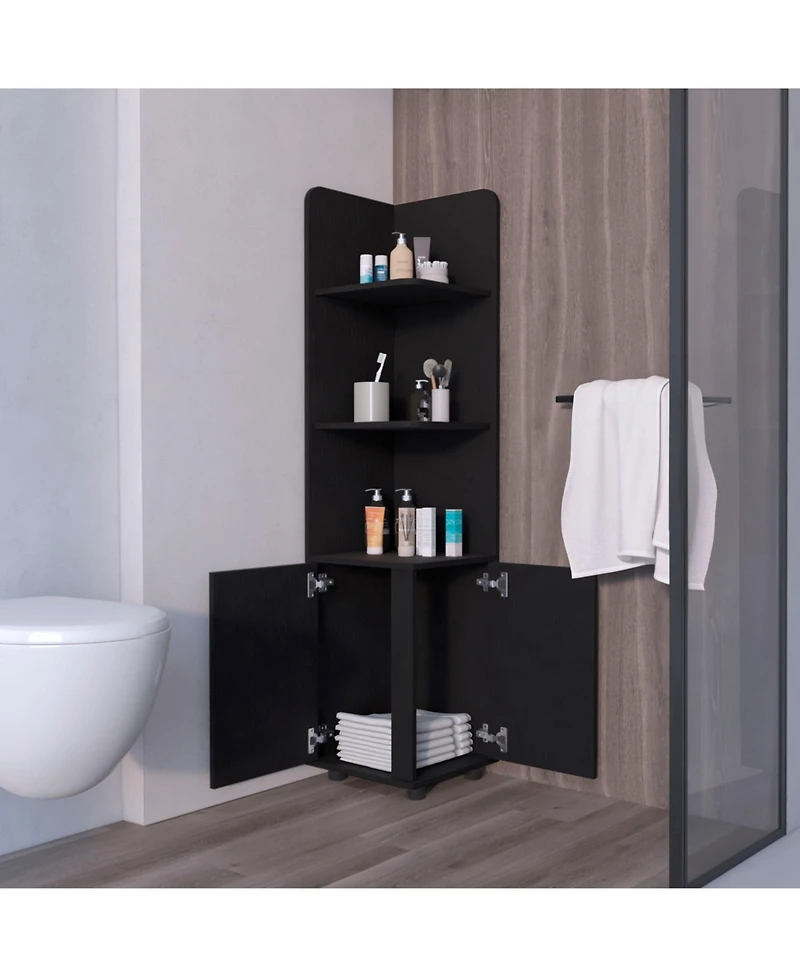 Fm Furniture Sunriver Corner Shelf with Cabinet, 3-Tier Shelf, Metal Handles