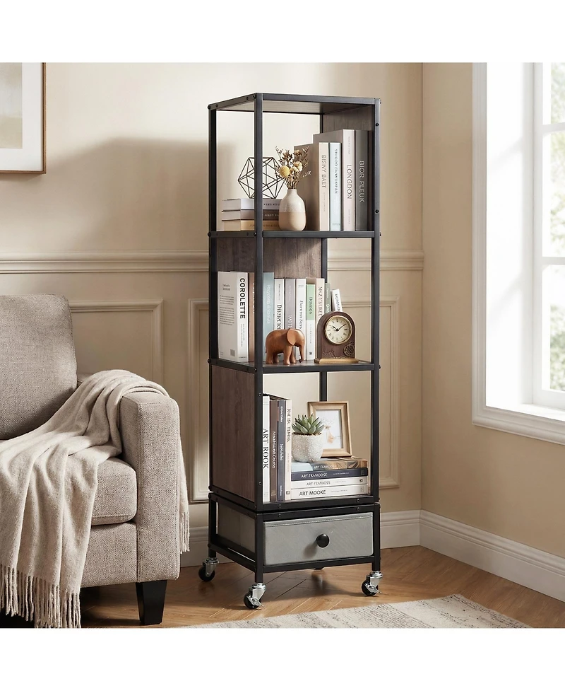 Gymax 4-Tier Rotating Bookshelf on Wheels w/Removable Fabric Storage Drawer for Office