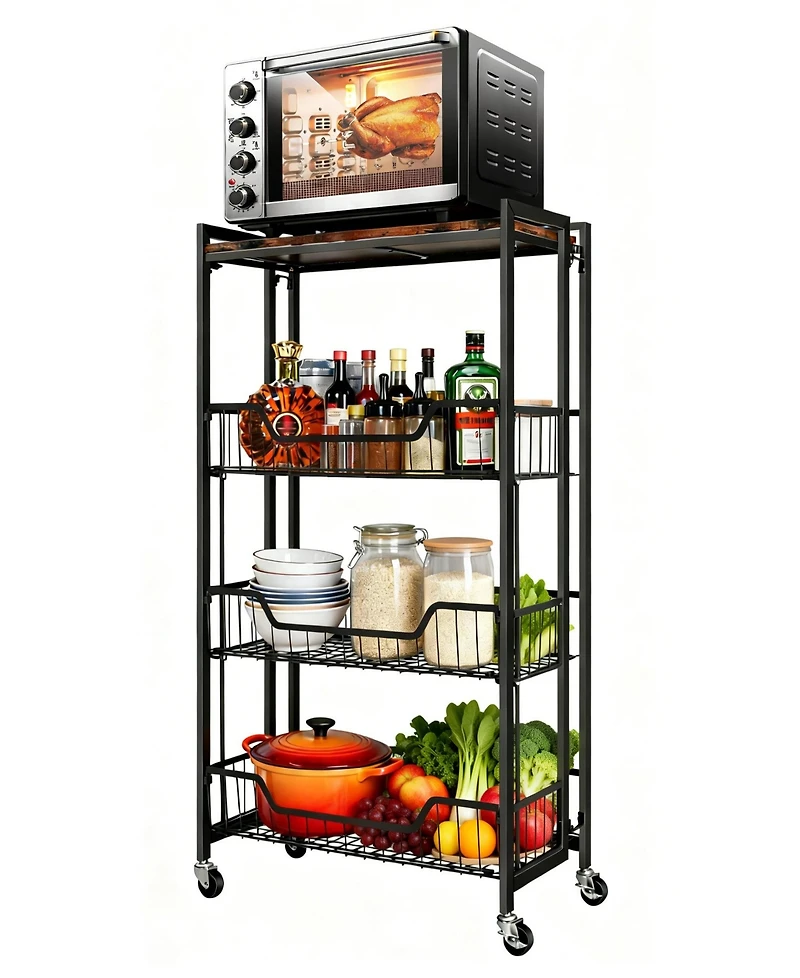 homfan 4-Tier Collapsible Storage Cart Lockable Casters, Heavy Duty, Expands, Pre-Assembled, 100 lbs Capacity. Rolling utility shelf