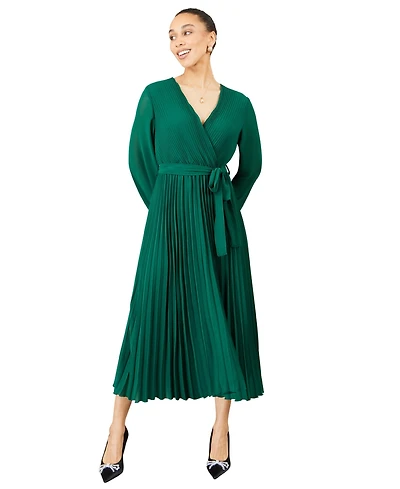 Yumi Women's Long-Sleeve V-Neck Pleated Wrap Midi Dress