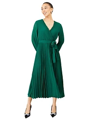 Yumi Women's Long-Sleeve V-Neck Pleated Wrap Midi Dress