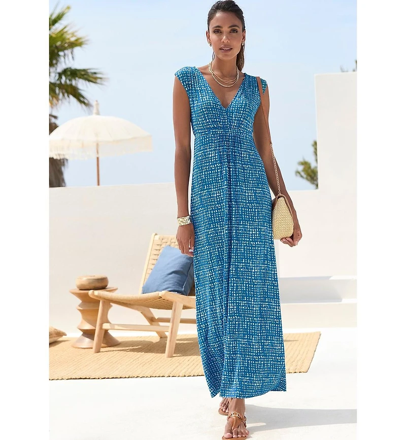 Lascana Women's Printed A-Line V-Neck Empire-Waist Maxi Dress