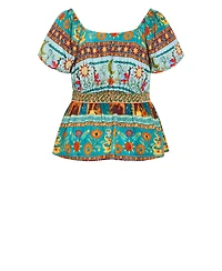 City Chic Plus Amaria Puff-Sleeve Print Tie-Front Top