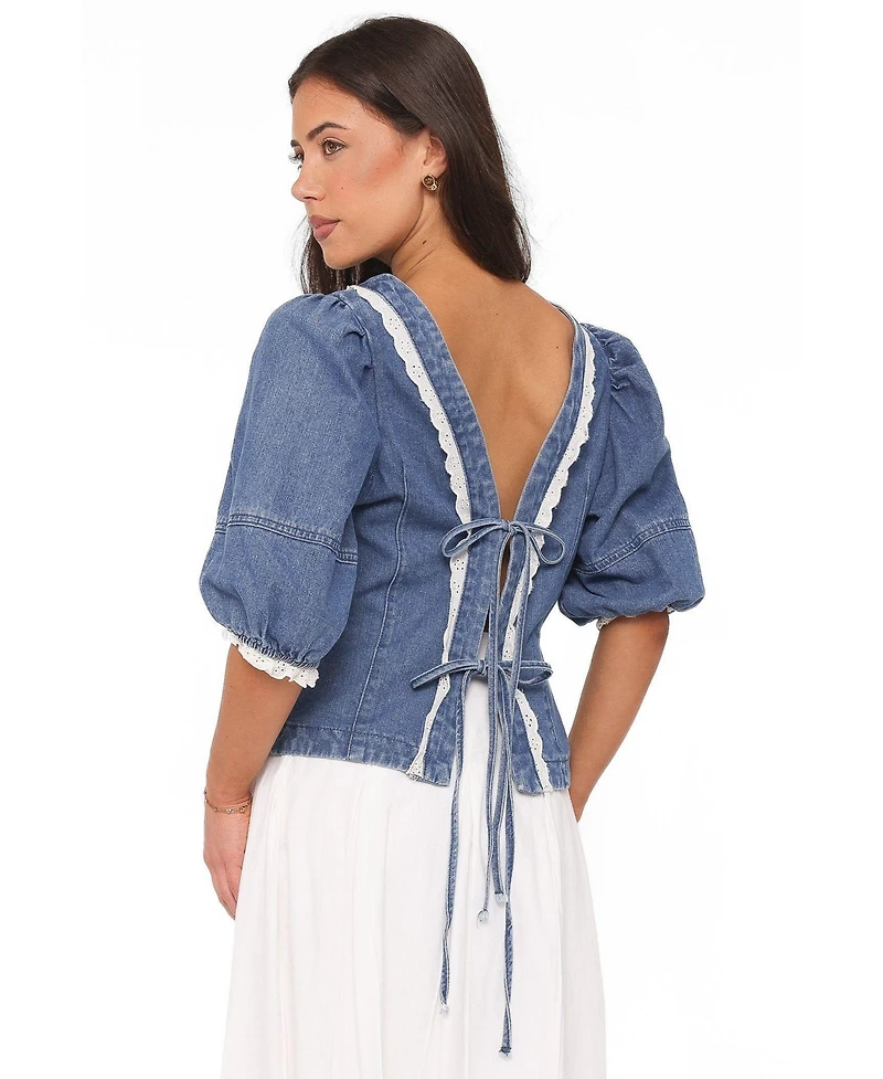 Petal and Pup Women's Merli Denim Open-Back Puff-Sleeve Top