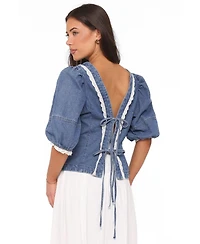Petal and Pup Women's Merli Denim Open-Back Puff-Sleeve Top