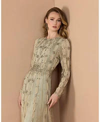 Mac Duggal Women's Embellished Mesh Long Sleeve Evening Gown