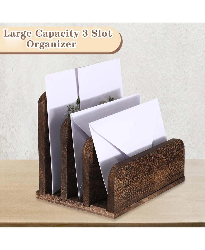 Danrong Wooden Desk Mail Organizer 3 Slots Removable Compartments File Paper Storage