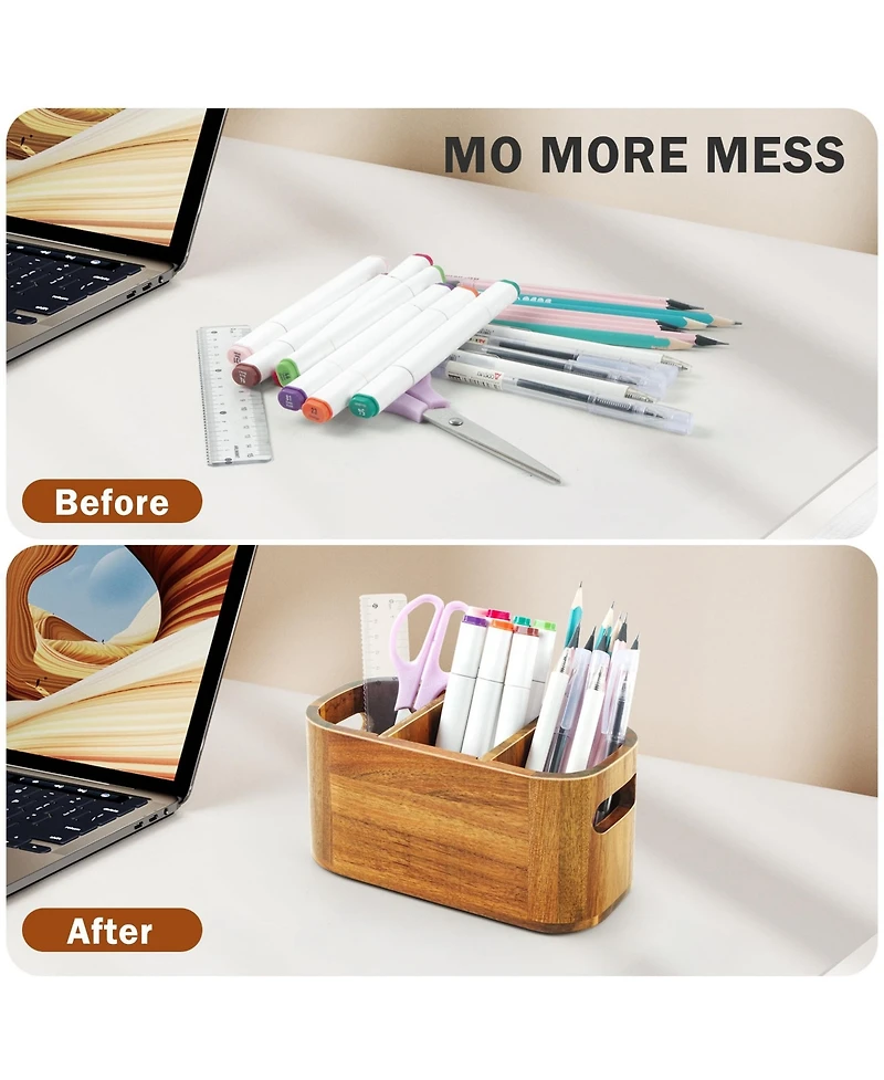 Danrong Natural Wood Desk Pen Holder 3 Slot Versatile Desktop Organizer