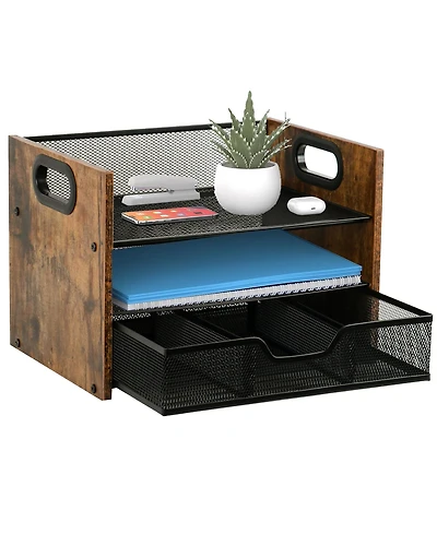 Danrong Wood Desk Organizer 3 Tier Desktop File Tray With Drawer Office Storage For Papers Stationery