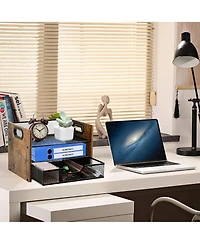 Danrong Wood Desk Organizer 3 Tier Desktop File Tray With Drawer Office Storage For Papers Stationery