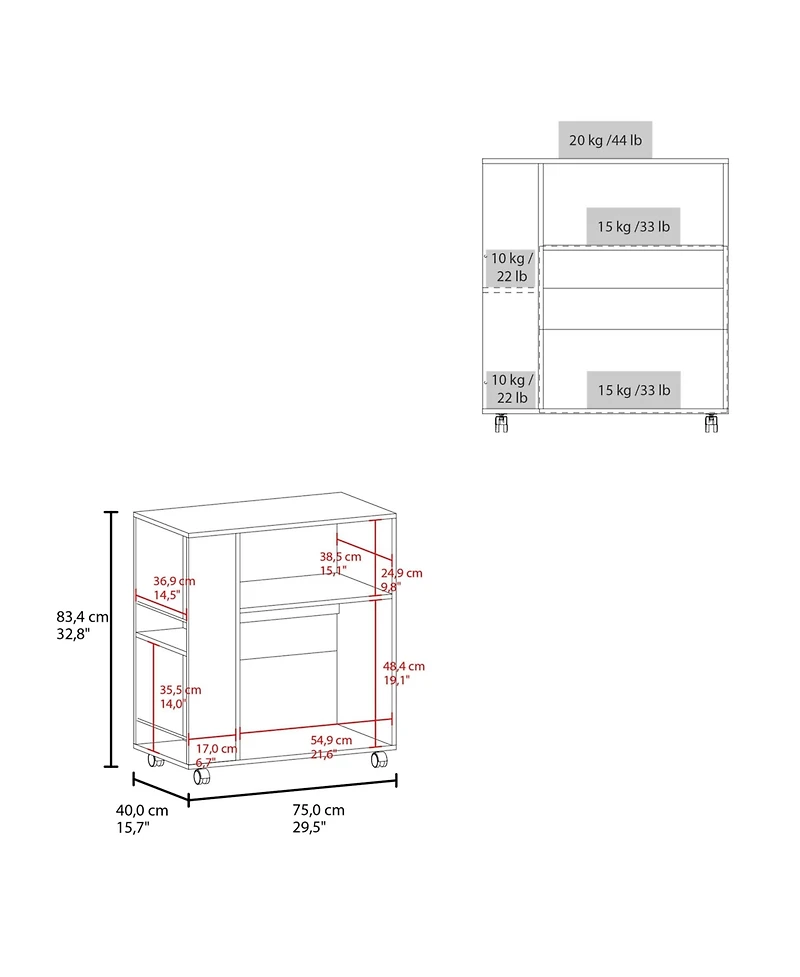 Fm Furniture Linden Kitchen Cart with Microwave Shelf, Open Storage, and Two-Door Cabinet